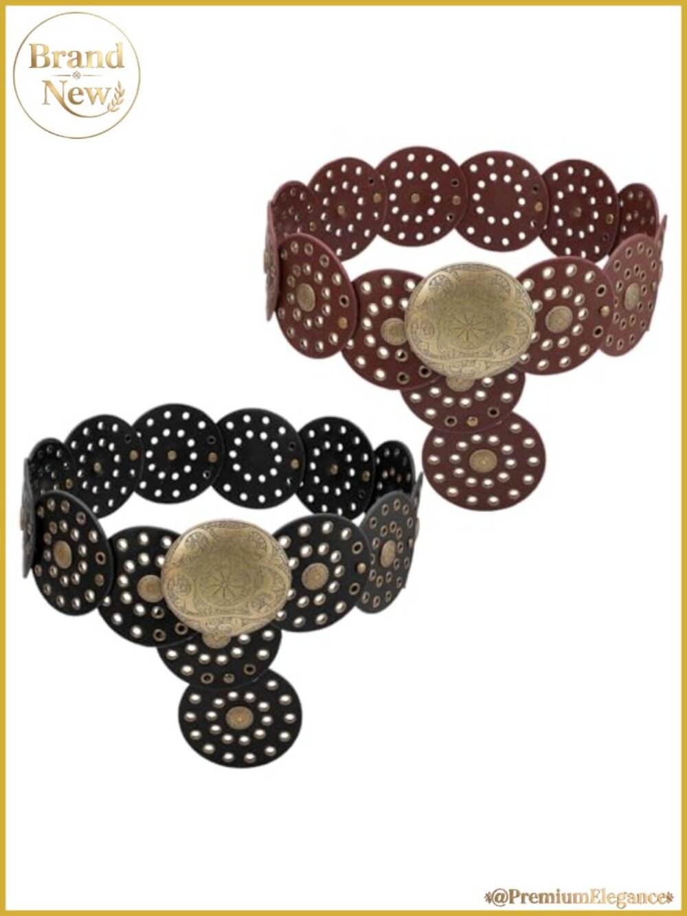 2 Pc Western Concho Belts for Women Vintage Disc Waist Belt PU Leather